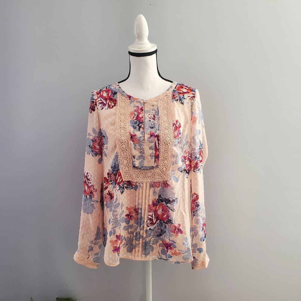 Daniel Rainn Pink Sheer Boho Floral Shirt Top Size M